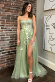 Green Tulle A-line Sweetheart Lace Appliques Prom Dresses With Slit, PL634