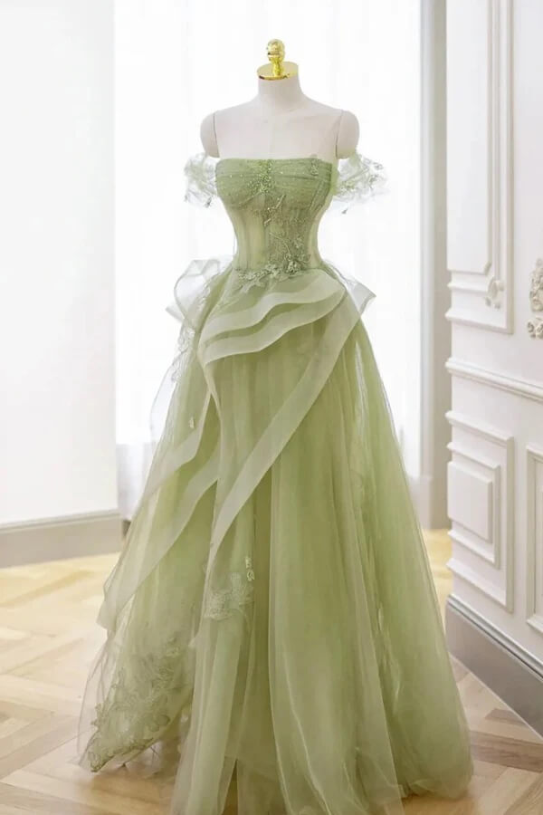 A-line Off Shoulder Green Prom Dress Party Dress With Corset TP1421 US8 / Custom Color A-line Off Shoulder Green Prom Dress Party Dress With Corset TP1421 US8 / Custom Color