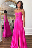 Hot Pink A Line Chiffon Strapless Keyhole Pleated Long Prom Dresses, PL633