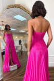 Hot Pink A Line Chiffon Strapless Keyhole Pleated Long Prom Dresses, PL633 | simple prom dress | party dress | evening dress | promnova.com