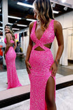 Hot Pink Mermaid Sequins Crossed Bodice Prom Dresses With High Slit, PL689 image 3