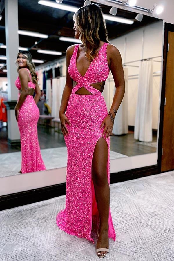 Salma Hot Pink Mermaid V Neck Sequins Prom Dress with Slit Hot Pink / 12