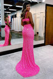 Hot Pink Mermaid Sequins Crossed Bodice Prom Dresses With High Slit, PL689 image 2