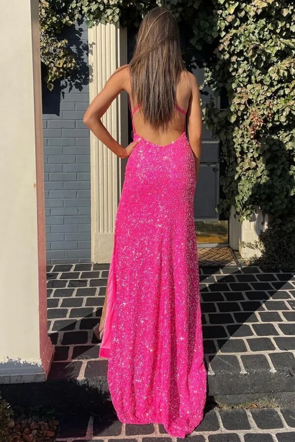 Hot Pink Mermaid Sequins V Neck Long Prom Dresses, PL684 | Promnova Hot Pink Mermaid Sequins V Neck Long Prom Dresses, PL684 | Promnova