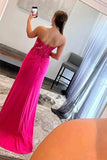 Hot Pink Satin Mermaid Sweetheart Strapless Long Prom Dress With Slit, PL600 image 3