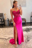Hot Pink Satin Mermaid Sweetheart Strapless Long Prom Dress With Slit, PL600 image 2