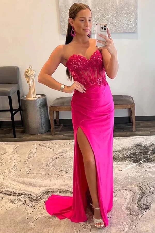 Hot Pink Satin Mermaid Sweetheart Strapless Long Prom Dress With Slit, PL600 Hot Pink Satin Mermaid Sweetheart Strapless Long Prom Dress With Slit, PL600