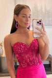 Hot Pink Satin Mermaid Sweetheart Strapless Long Prom Dress With Slit, PL600 image 4