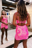 Hot Pink Satin Sheath V Neck Sequins Lace Short Homecoming Dresses, PH469 | cheap homecoming dresses online | new arrival homecoming dress | school event dress | promnova.com