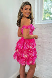 Hot Pink Sequin Lace A Line Off-the-Shoulder Short Homecoming Dresses, PH476 | short party dresses | where to buy homecoming dresses | homecoming dress shops | promnova.com