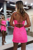 Hot Pink Sequins Sheath Spaghetti Straps Short Homecoming Dresses, PH459 | cheap homecoming dresses | short prom dress | graduation dress | promnova.com