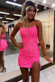 Hot Pink Sequins Sheath Spaghetti Straps Short Homecoming Dresses, PH459 | pink homecoming dresses | sequins homecoming dress | short party dress | promnova.com