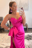 Hot Pink Sheath Satin Sweetheart Prom Dresses With Bow, Party Dress, PL623 | evening gown | evening long dress | prom dress shops | promnova.com