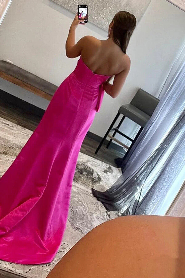 Hot Pink Sheath Satin Sweetheart Prom Dress With Bow, PL623 | Promnova US16W / Custom Color Hot Pink Sheath Satin Sweetheart Prom Dress With Bow, PL623 | Promnova US16W / Custom Color