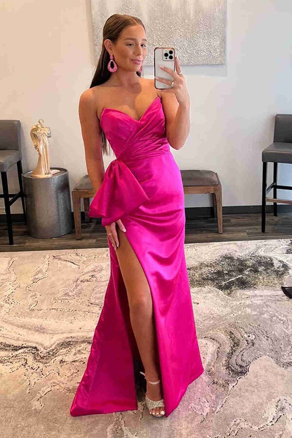Hot Pink Sheath Satin Sweetheart Prom Dresses With Bow, Party Dress, PL623