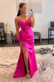 Hot Pink Sheath Satin Sweetheart Prom Dresses With Bow, Party Dress, PL623