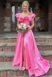 Hot Pink Silky Satin A Line V Neck Ruffles Long Prom Dresses With Slit, PL635