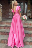 Hot Pink Silky Satin A Line V Neck Ruffles Long Prom Dresses With Slit, PL635 | cheap long prom dress | evening dress | party dress | promnova.com