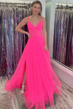 Hot Pink Tulle A Line Spaghetti Straps Long Prom Dresses, Evening Dress, PL614