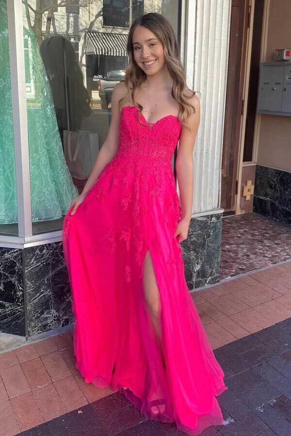 navy blue dress for baby girl Zapaka Women Fuchsia A-Line Spaghetti Straps Long Corset Prom Dress with Slit, Fuchsia / US6 main image 1