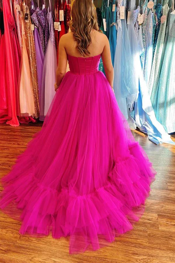 Hot Pink Tulle A Line Sweetheart Strapless Prom Dress,PL725 | Promnova Hot Pink Tulle A Line Sweetheart Strapless Prom Dress,PL725 | Promnova