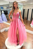 Hot Pink Tulle A Line V Neck Lace Appliques Long Prom Dresses With Slit, PL631 | pink prom dress | evening dresses | long formal dress | promnova.com