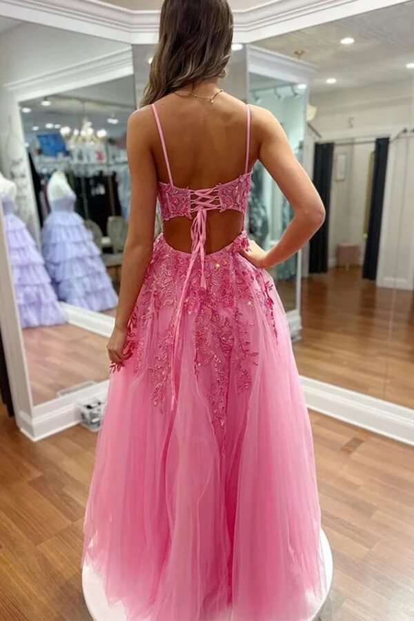 Hot Pink Tulle A Line Lace Prom Dresses With Slit, PL631 | Promnova Hot Pink Tulle A Line Lace Prom Dresses With Slit, PL631 | Promnova