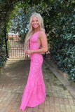 Hot Pink Tulle Mermaid Deep V Neck Lace Appliques Long Prom Dresses, PL592 | mermaid lace prom dress | new arrival prom dress | evening gown | promnova.com