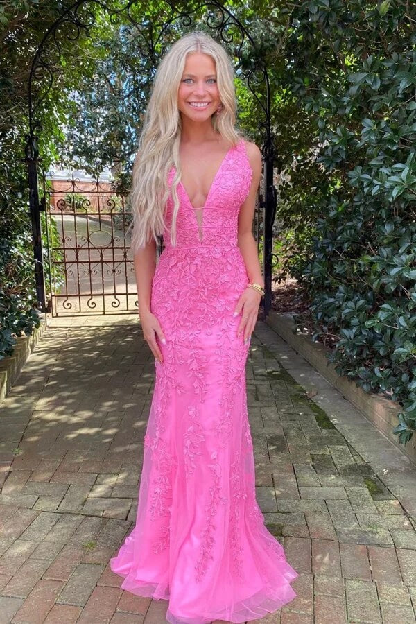 Hot Pink Tulle Mermaid Deep V Neck Lace Prom Dresses, PL592 | Promnova Hot Pink Tulle Mermaid Deep V Neck Lace Prom Dresses, PL592 | Promnova