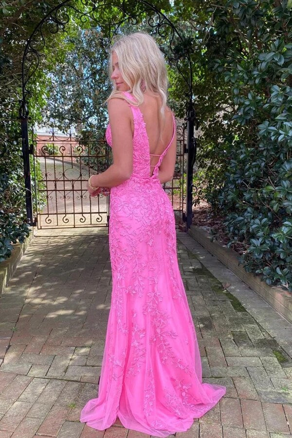 Hot Pink Tulle Mermaid Deep V Neck Lace Prom Dresses, PL592 | Promnova US16 / Custom Color Hot Pink Tulle Mermaid Deep V Neck Lace Prom Dresses, PL592 | Promnova US16 / Custom Color