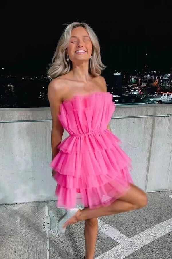 Hot Pink Tulle Tiered Strapless Homecoming Dresses, Short Party Dress, PH416 | pink homecoming dresses | cheap homecoming dress | school event dresses | promnova.com