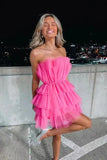 Hot Pink Tulle Tiered Strapless Homecoming Dresses, Short Party Dress, PH416