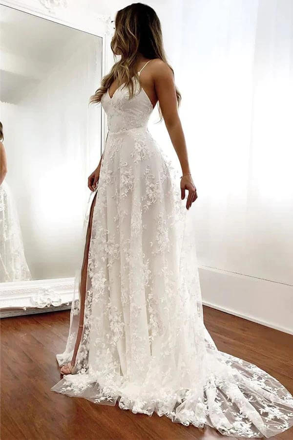 Ivory A Line V Neck Open Back Wedding Dresses With Slit, Bridal Gowns, PW387 | cheap lace wedding dress | a line wedding dress | wedding gown | promnova.com