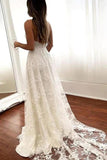 Ivory A Line V Neck Open Back Wedding Dresses With Slit, Bridal Gowns, PW387 | lace wedding gown | bridal outfit | wedding dresses online | promnova.com