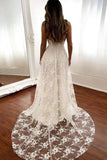 Ivory A Line V Neck Open Back Wedding Dresses With Slit, Bridal Gowns, PW387 | summer wedding dresses | v neck wedding dress | wedding dress stores | promnova.com