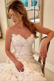 Ivory Lace A Line Strapless Boho Wedding Dresses With Satin Bowtie, PW395 image 3