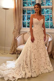 Ivory Lace A Line Strapless Boho Wedding Dresses With Satin Bowtie, PW395