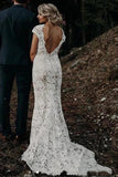 Ivory Lace Mermaid V Neck Cap Sleeves Wedding Dresses, Birdal Gown, PW373