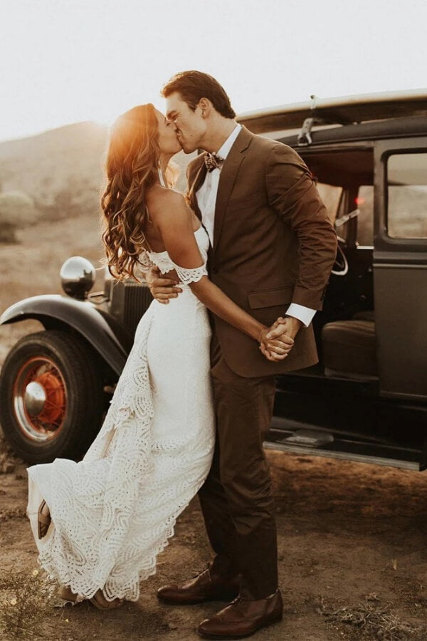 Lace Sheath Off Shoulder Wedding Dress With Slit, PW449