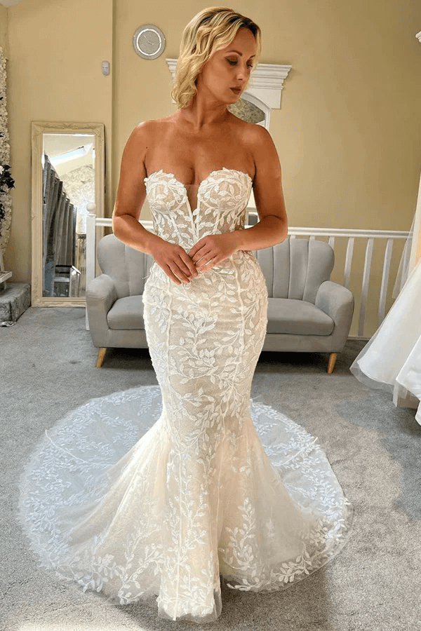 Ivory Mermaid Strapless Wedding Dress With Appliques, PW429 | Promnova US2 / Custom Color Ivory Mermaid Strapless Wedding Dress With Appliques, PW429 | Promnova US2 / Custom Color