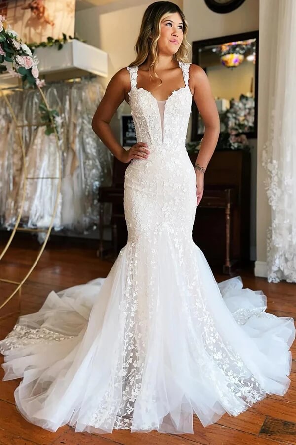 v neck off the shoulder wedding dress Mermaid Tulle V Neck Off Shoulder Wedding Dresses, PW413