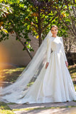 Ivory Satin A Line Embroidery Long Sleeves Modest Wedding Dresses, PW398