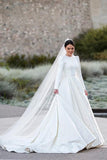 Ivory Satin A Line Embroidery Long Sleeves Modest Wedding Dresses, PW398 image 3