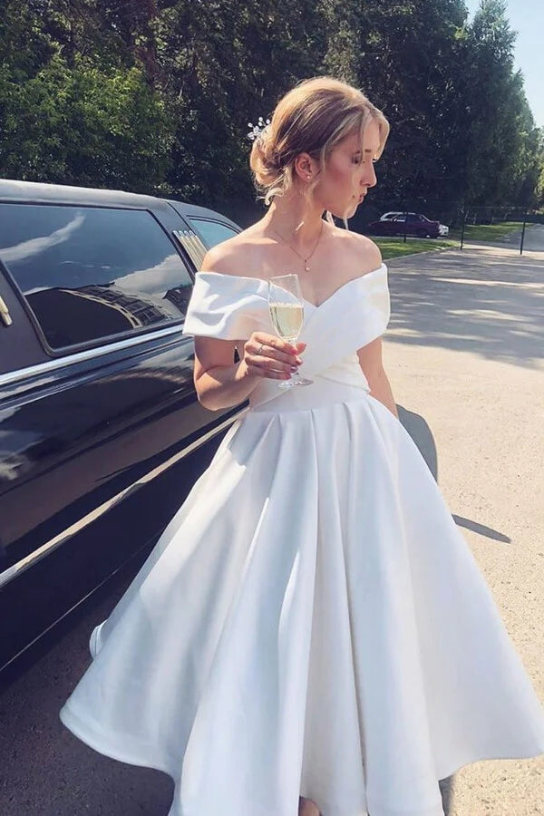 Ivory Satin A Line Off Shoulder Short Wedding Dresses PW383 | Promnova US10 / Custom Color Ivory Satin A Line Off Shoulder Short Wedding Dresses PW383 | Promnova US10 / Custom Color