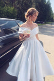 Ivory Satin A Line Off-the-Shoulder Short Wedding Dresses, Bridal Gown, PW383
