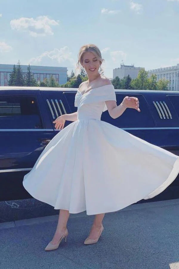 Ivory Satin A Line Off Shoulder Short Wedding Dresses PW383 Promnova