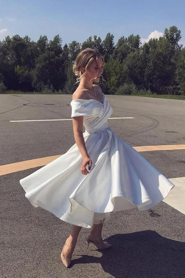 Ivory Satin A Line Off Shoulder Short Wedding Dresses PW383 | Promnova US10 / Custom Color Ivory Satin A Line Off Shoulder Short Wedding Dresses PW383 | Promnova US10 / Custom Color