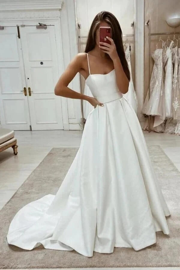 Ivory A Line Spaghetti Straps Simple Wedding Dress, PW482 | Promnova Custom Size / As Picture