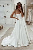 Ivory Satin A Line Spaghetti Straps Simple Wedding Dresses With Train, PW482