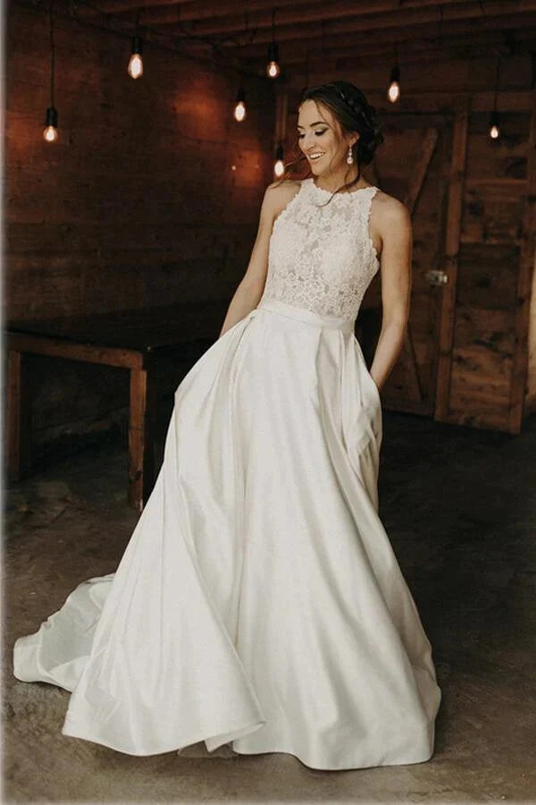 Ivory Satin Lace Top A Line Boho Wedding Dresses, PW466 | Promnova Ivory Satin Lace Top A Line Boho Wedding Dresses, PW466 | Promnova